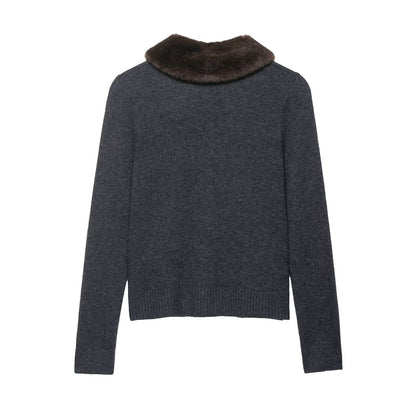 Fall Women Clothing Artificial Fur Effect Collared Knitted Coat