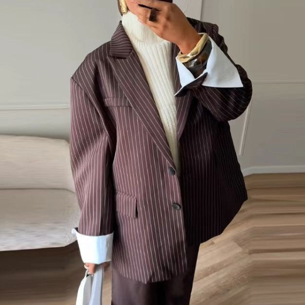 Elegant Women Brown Striped Loose Two Button All Match Blazer TinkleBell