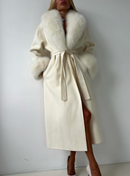 Elegant Women Big Fur Collar Belt White Woolen Coat Long Coat TinkleBell