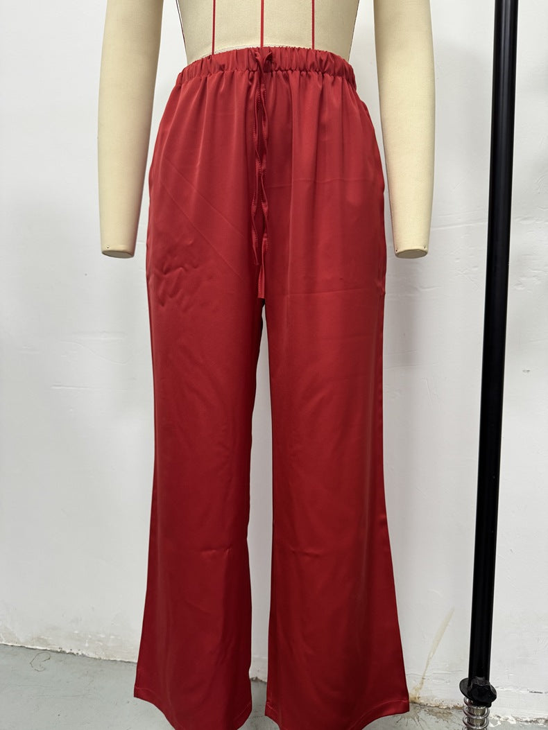 Ropa de mujer, moda de otoño, pantalones casuales de satén, pantalones largos holgados de pierna ancha con cordón