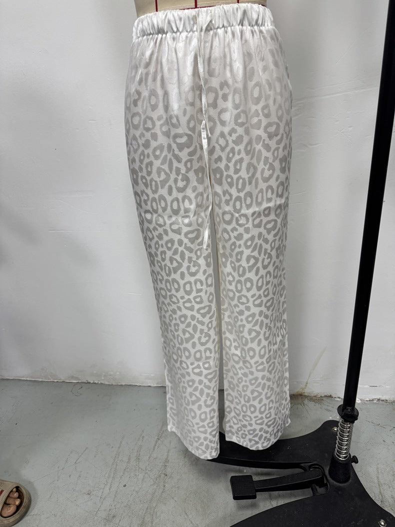 Women Clothing Autumn Satin Casual Pants Drawstring Leopard Print Mop Wide Leg Pants Long Pants