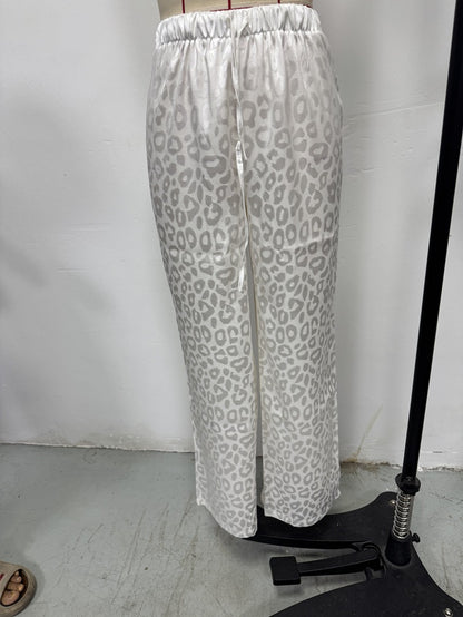 Women Clothing Autumn Satin Casual Pants Drawstring Leopard Print Mop Wide Leg Pants Long Pants