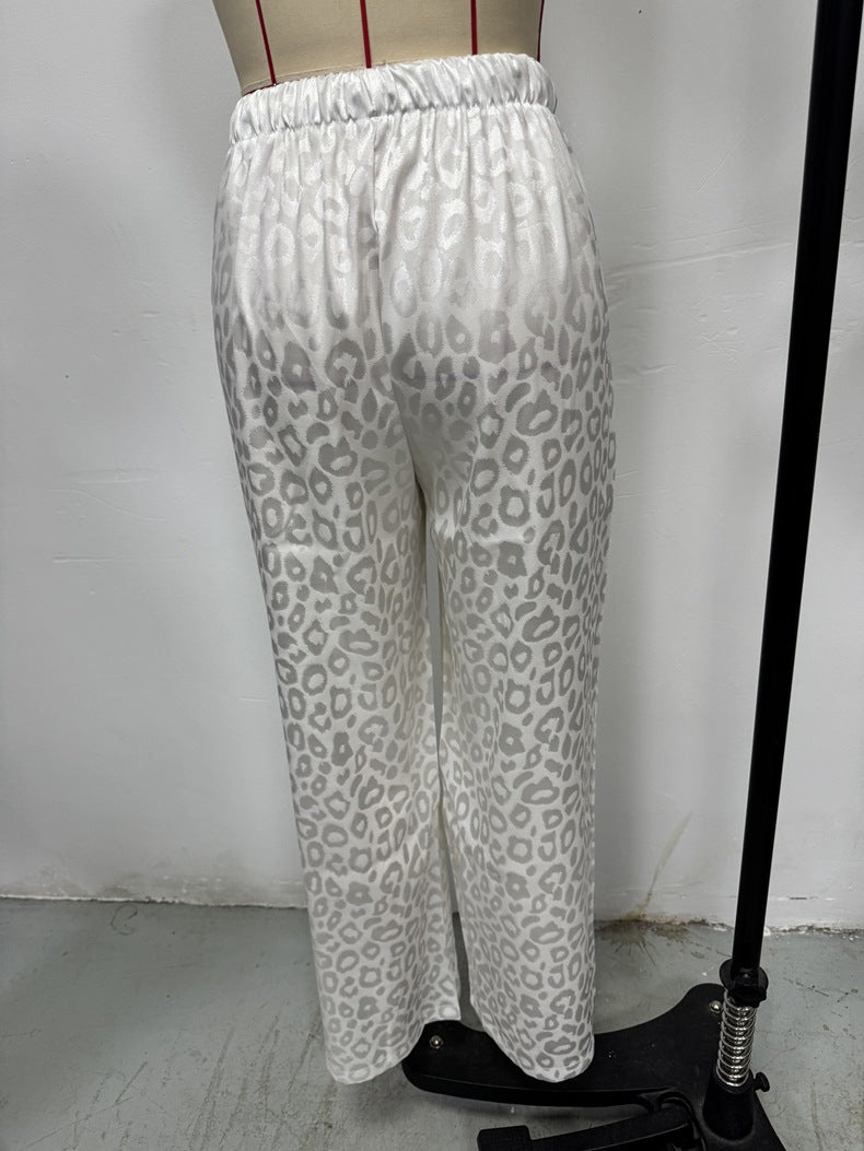 Women Clothing Autumn Satin Casual Pants Drawstring Leopard Print Mop Wide Leg Pants Long Pants