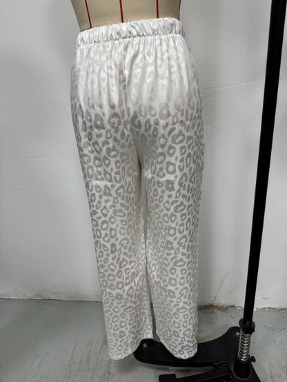 Women Clothing Autumn Satin Casual Pants Drawstring Leopard Print Mop Wide Leg Pants Long Pants