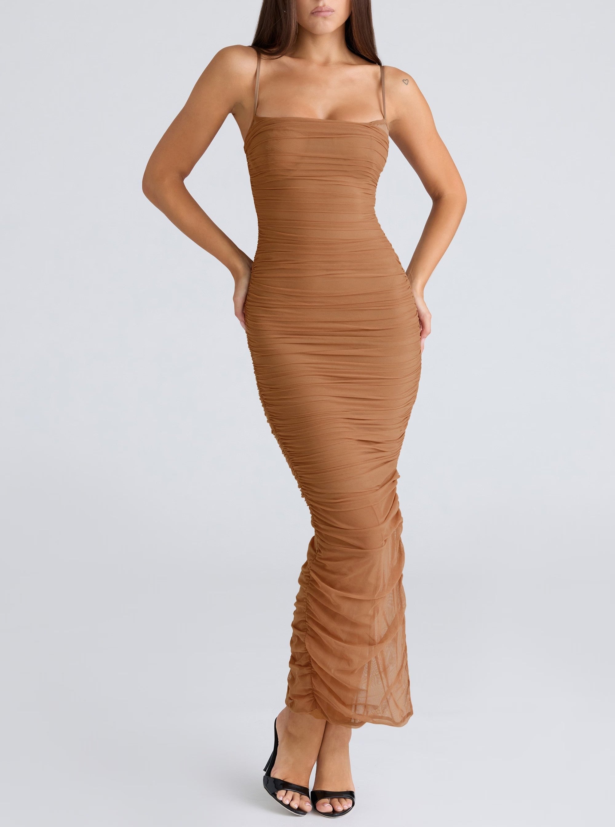 Sexy Stretch Mesh Ruched Maxi Dress Dress Tight Waist Slim Fit Sheath Cami Dress TinkleBell