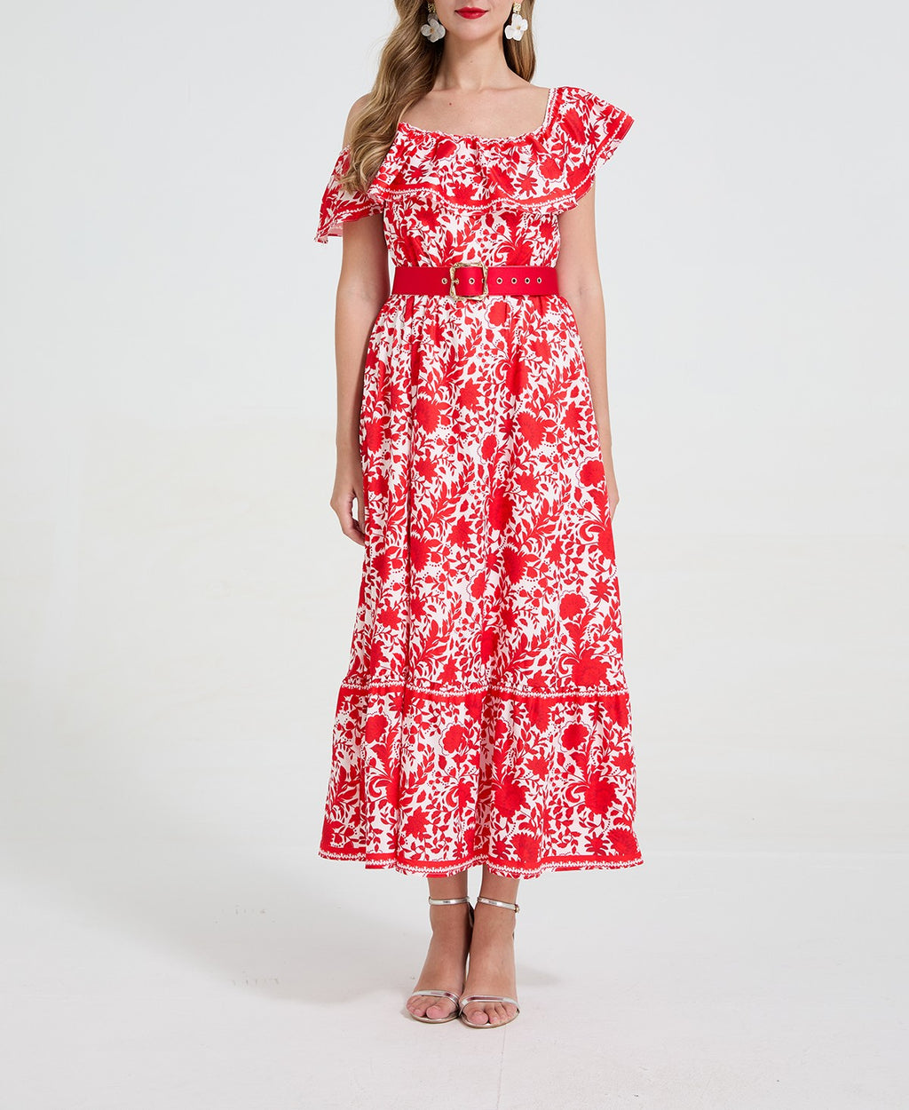 Women Asymmetrical Design Off The Shoulder Spaghetti Strap Ruffled Waist Cinching Figure-Flattering Long Dress With A Wide Flared Hem ESUNG