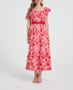 Women Asymmetrical Design Off The Shoulder Spaghetti Strap Ruffled Waist Cinching Figure-Flattering Long Dress With A Wide Flared Hem ESUNG