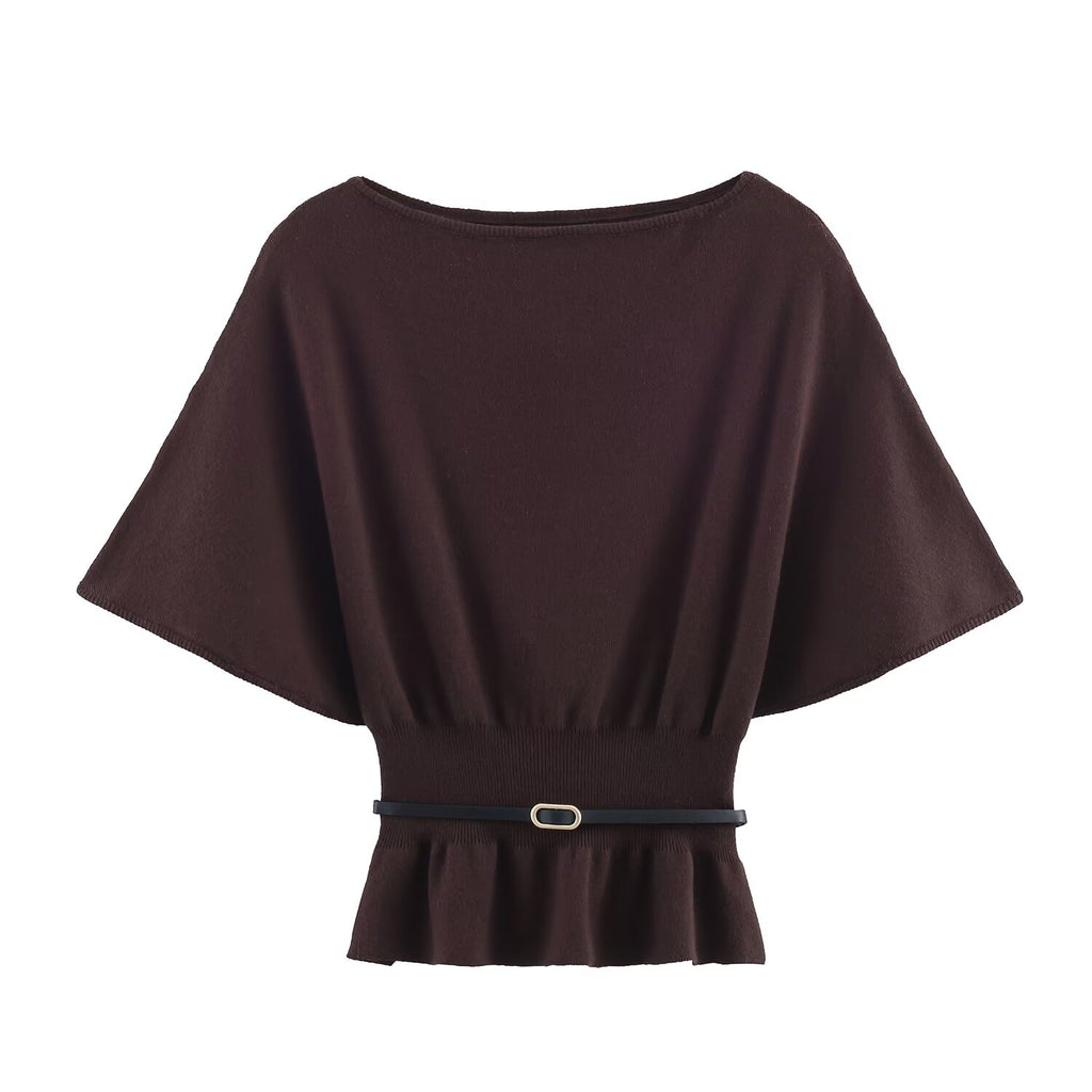 Women Clothing Top With Belt Laminated Decoration Knitwear SenDa