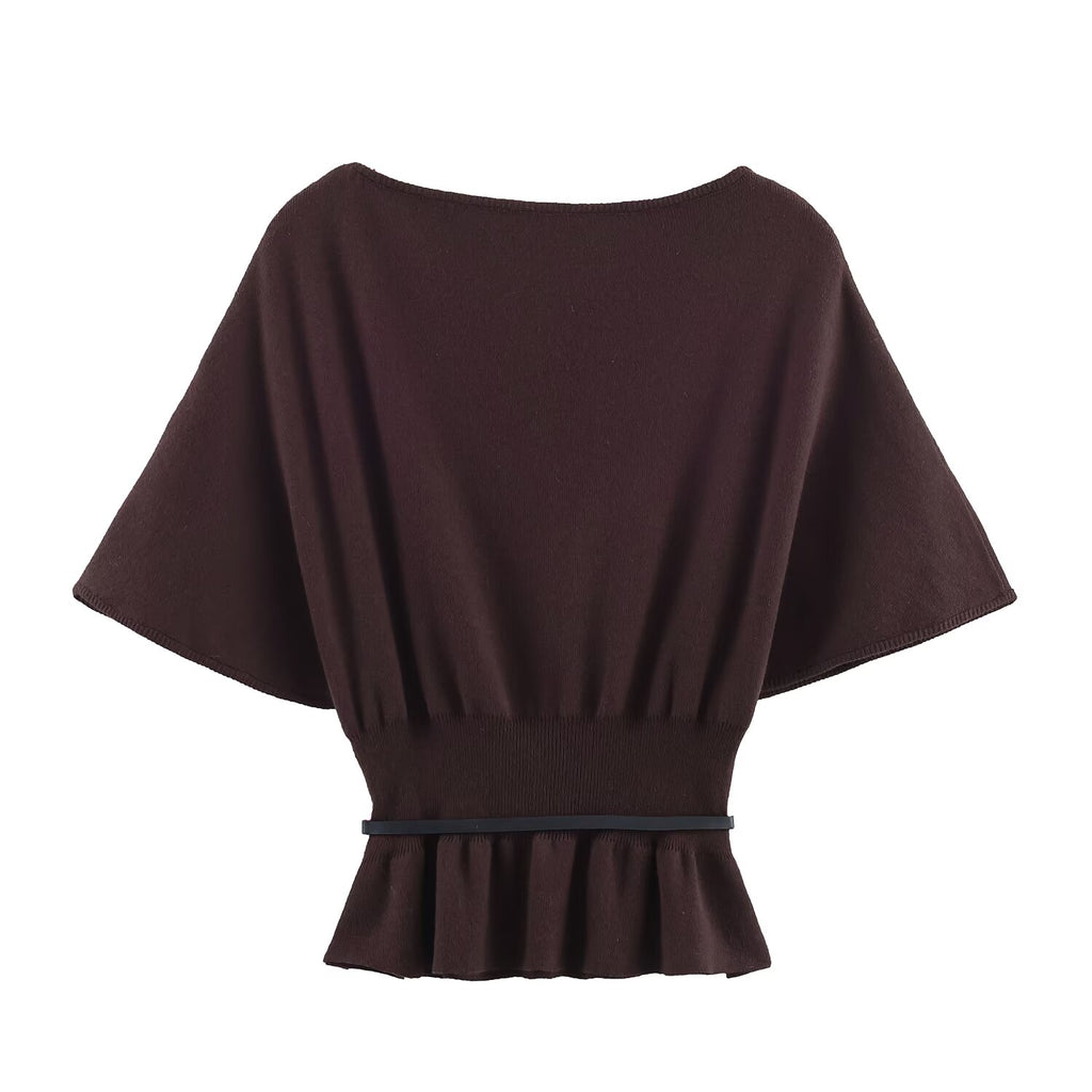 Women Clothing Top With Belt Laminated Decoration Knitwear SenDa