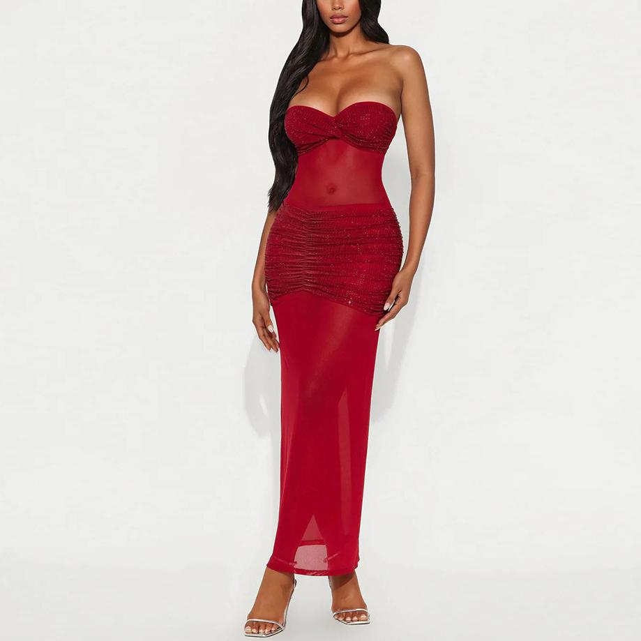 Tube Top Milk Silk Stitching Mesh Drilling Party Hip Wrapped Long Dress Coya