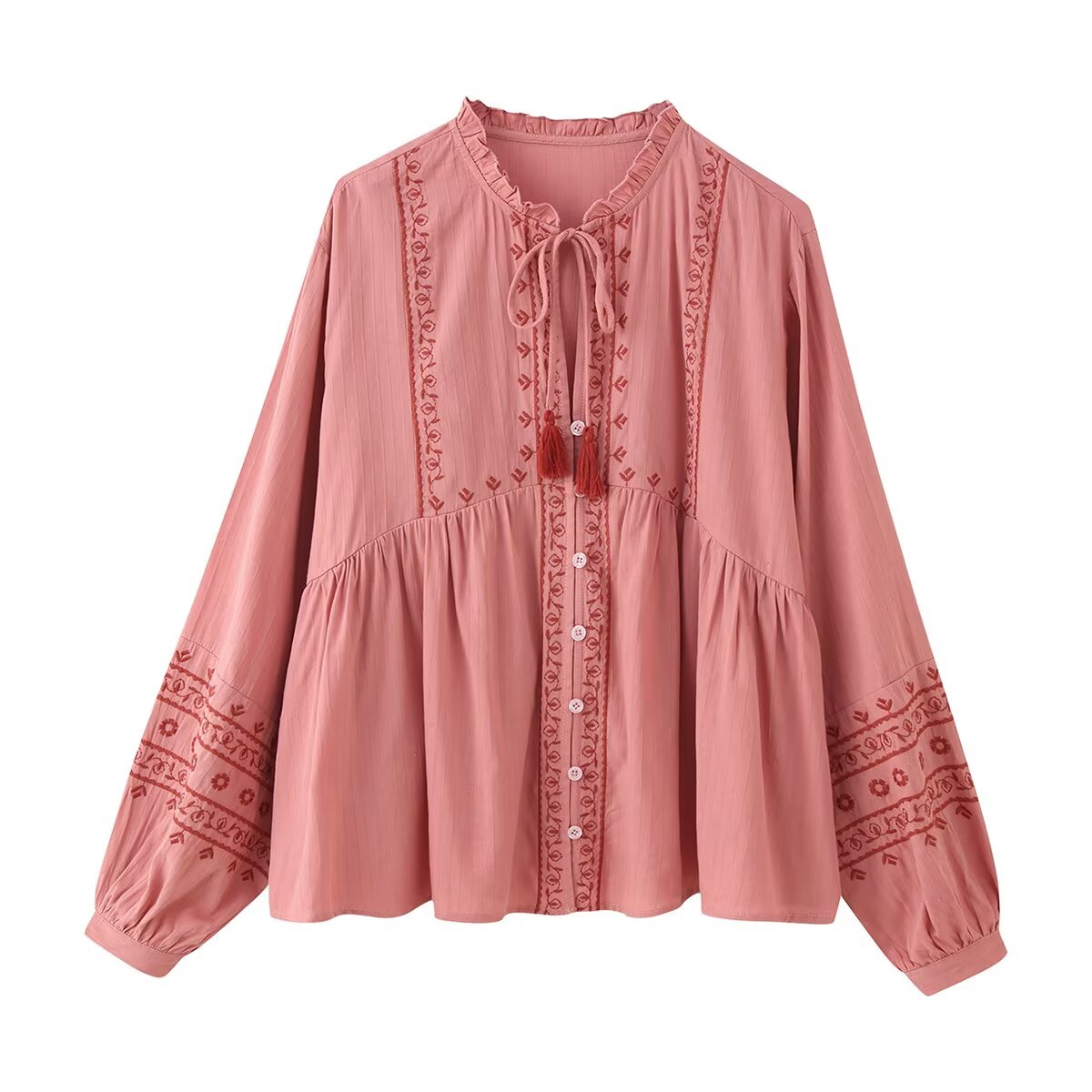 Camisa bordada de manga larga con contraste de color para mujer
