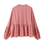 Women Clothing Long Sleeve Contrast Color Embroidered Shirt
