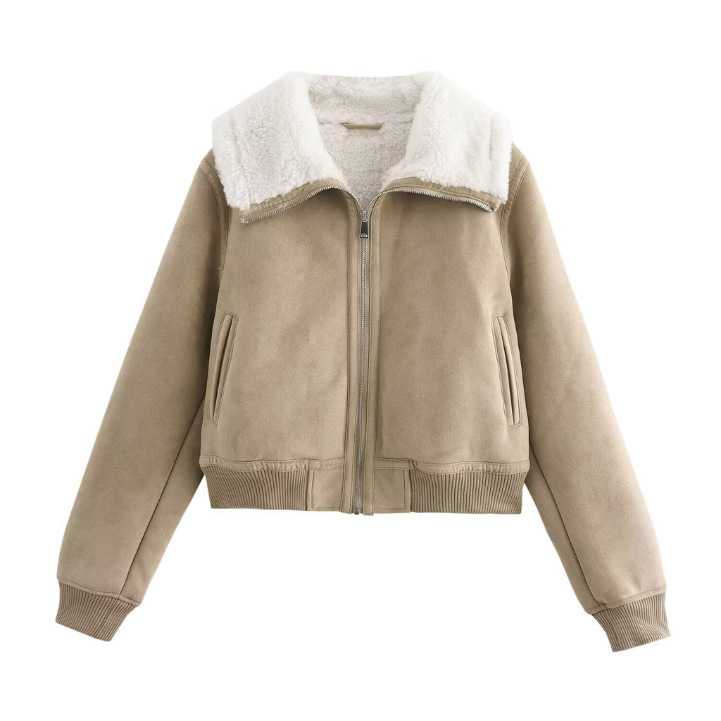 Women Clothing Autumn Winter Collared Thread Hem Zipper Jacket Coat SenDa