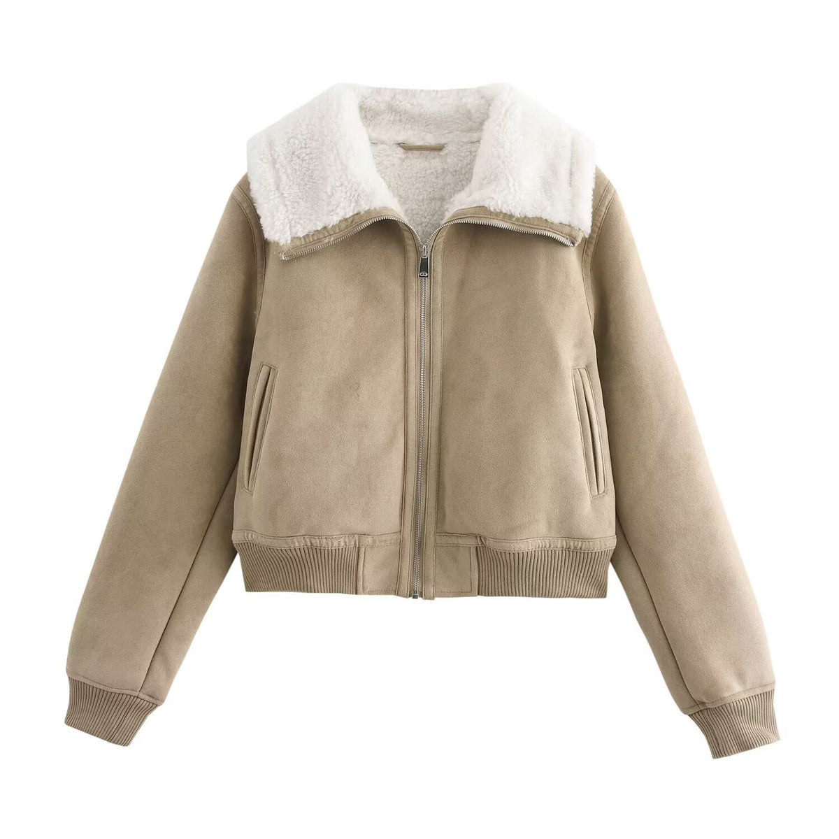 Women Clothing Autumn Winter Collared Thread Hem Zipper Jacket Coat SenDa