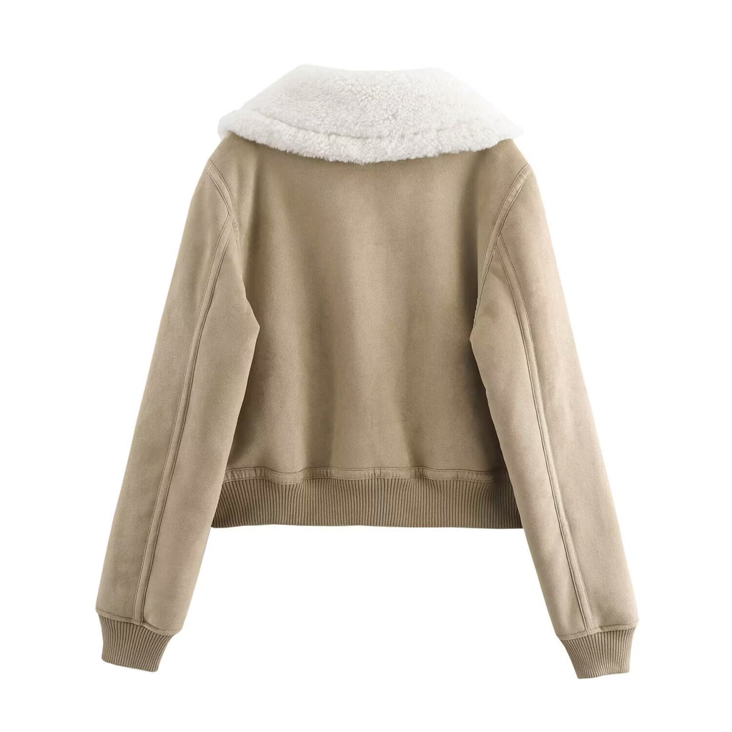 Women Clothing Autumn Winter Collared Thread Hem Zipper Jacket Coat SenDa