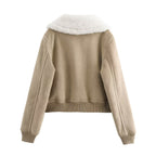 Women Clothing Autumn Winter Collared Thread Hem Zipper Jacket Coat SenDa