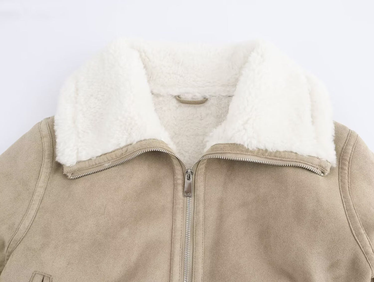 Women Clothing Autumn Winter Collared Thread Hem Zipper Jacket Coat SenDa