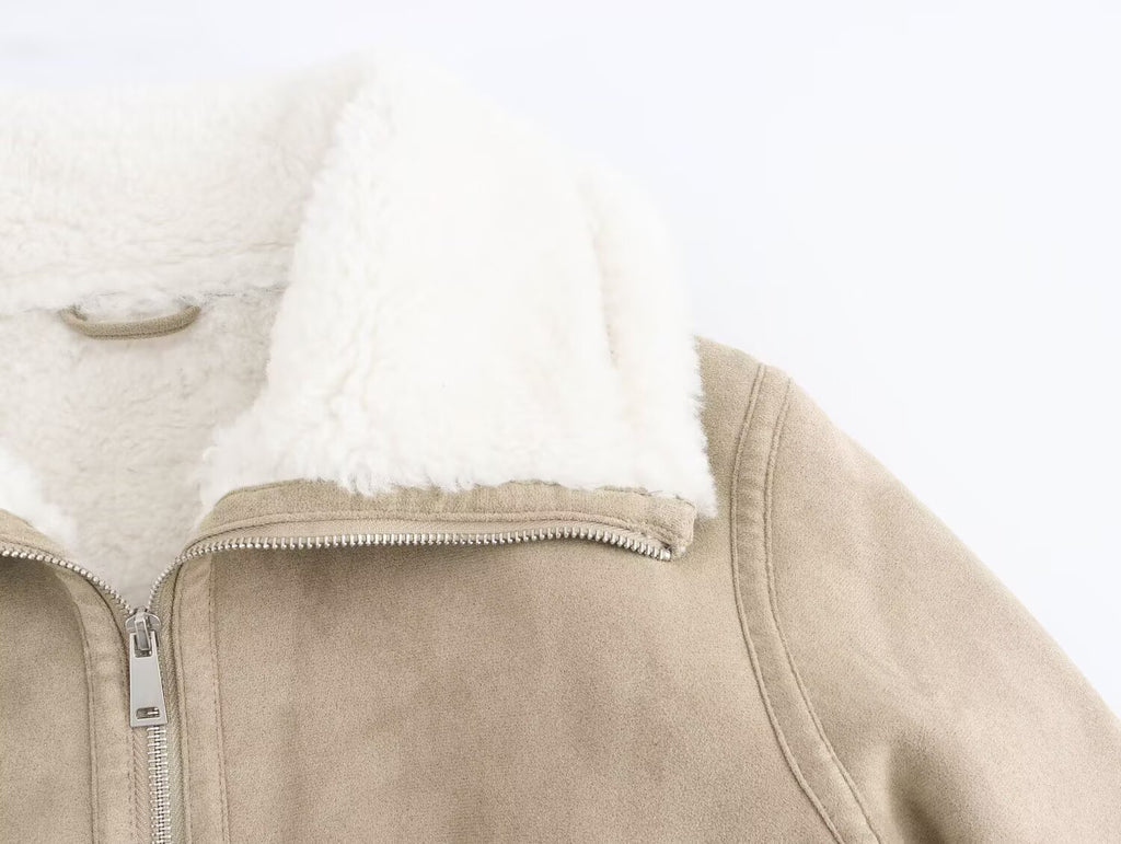 Women Clothing Autumn Winter Collared Thread Hem Zipper Jacket Coat SenDa