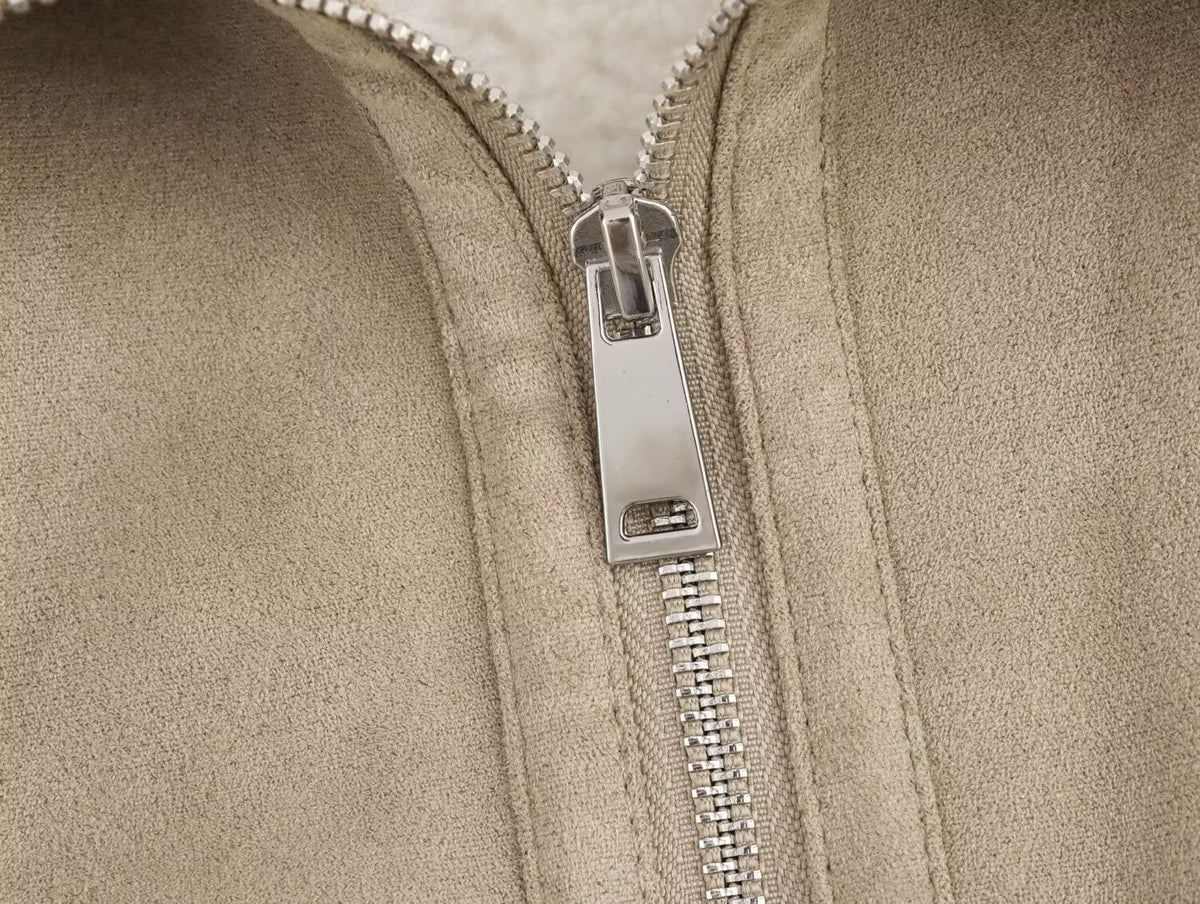 Women Clothing Autumn Winter Collared Thread Hem Zipper Jacket Coat SenDa