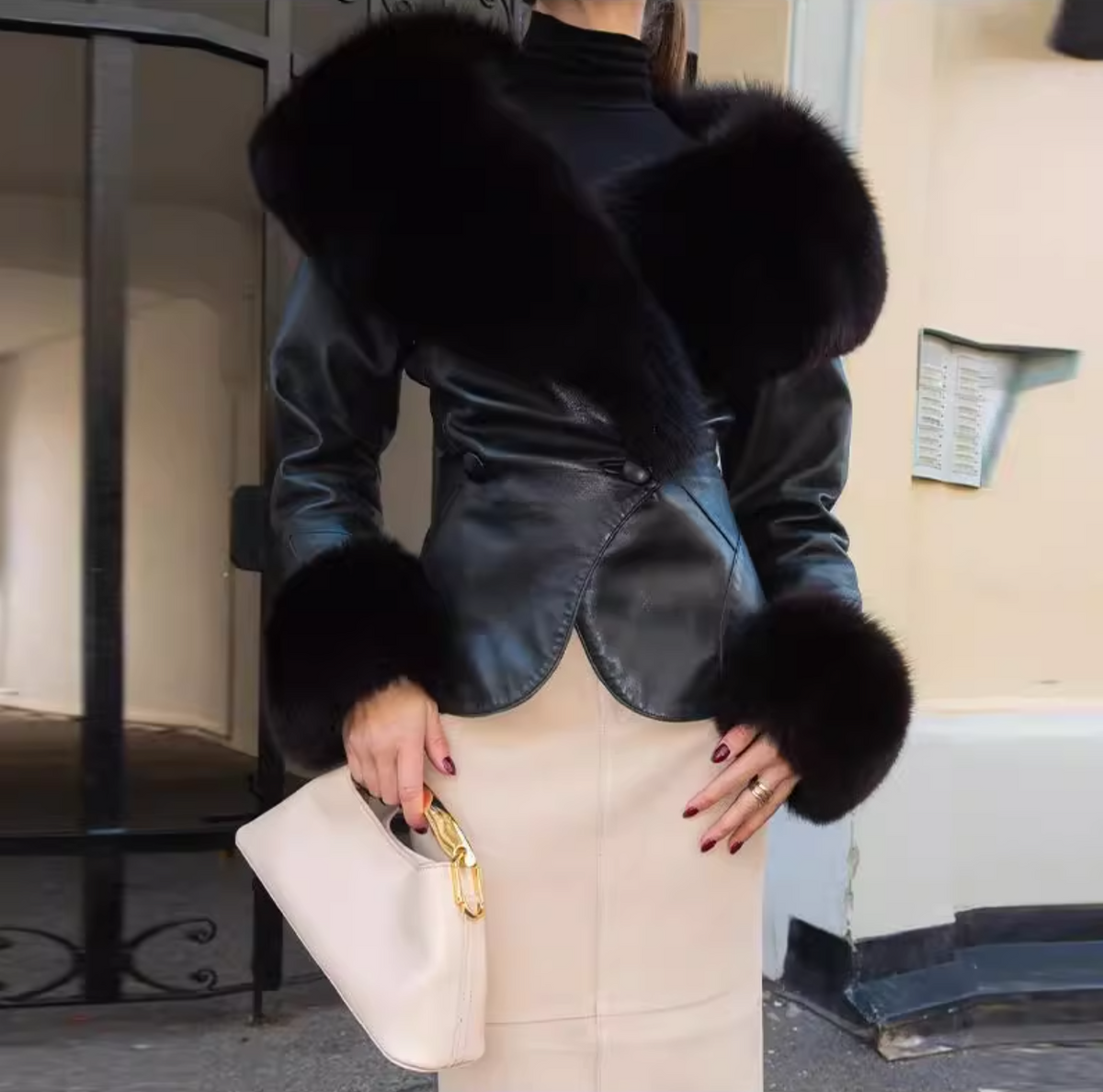 Women Clothing Autumn Winter Big Fur Collar Waist Controlled Short Jacket Leather Coat TinkleBell