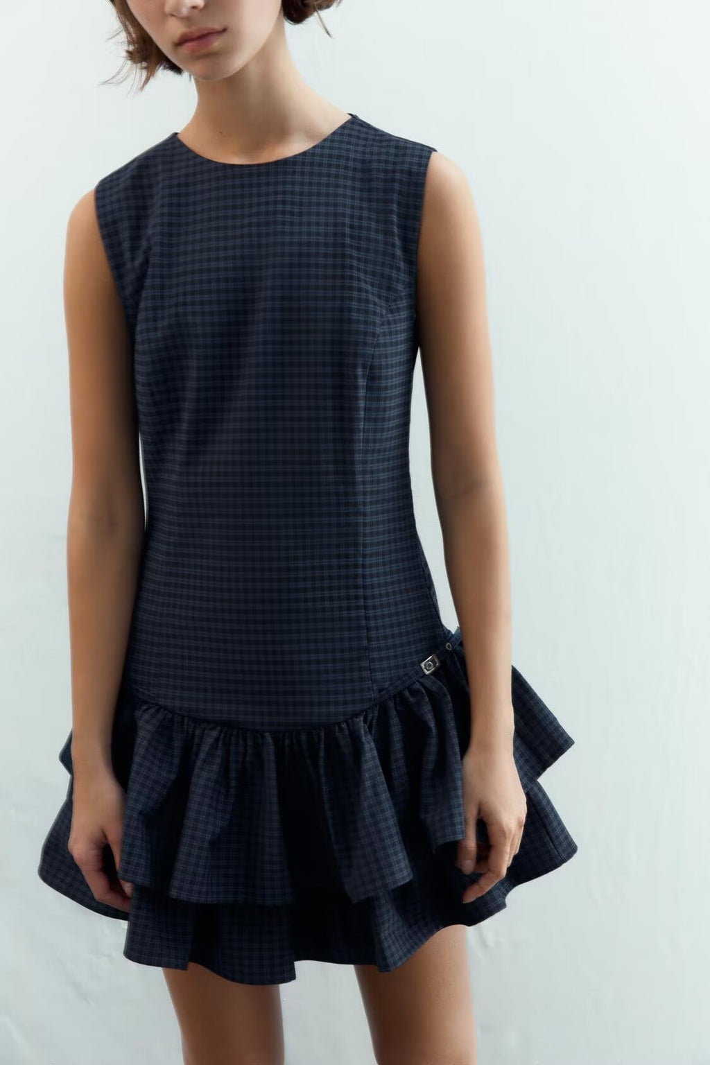 Women Clothing Autumn Sweet Romantic Plaid Laminated Decoration Short Dress flightCourse