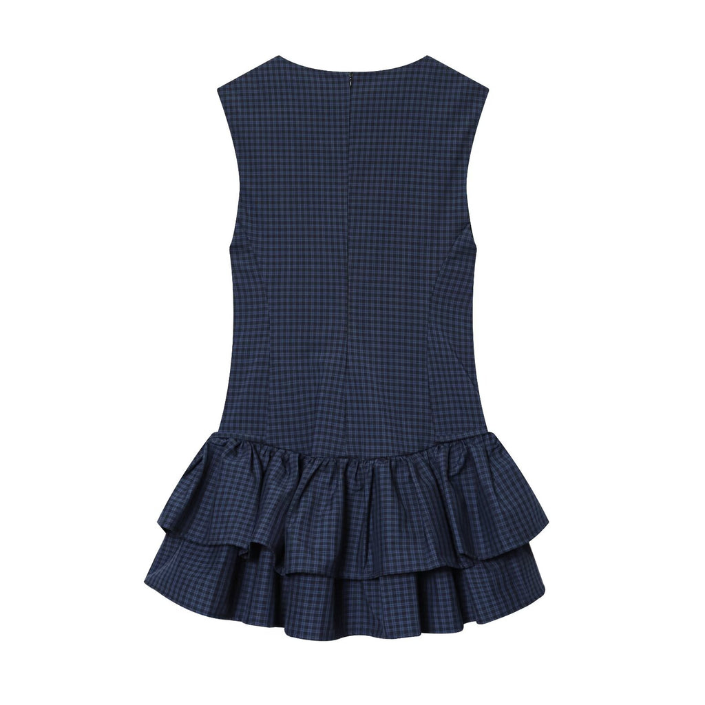 Women Clothing Autumn Sweet Romantic Plaid Laminated Decoration Short Dress flightCourse
