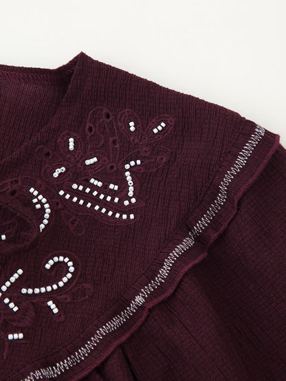 Chemise décontractée à manches longues pour femme, ornée de perles et de broderies.