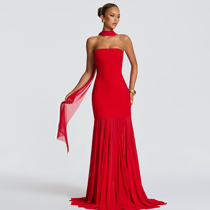 Vestido largo de noche con parte superior de tubo y costuras de malla sexy para mujer Otoño Invierno
