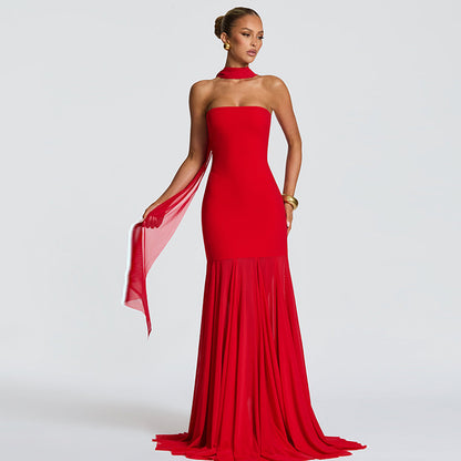 Vestido largo de noche con parte superior de tubo y costuras de malla sexy para mujer Otoño Invierno