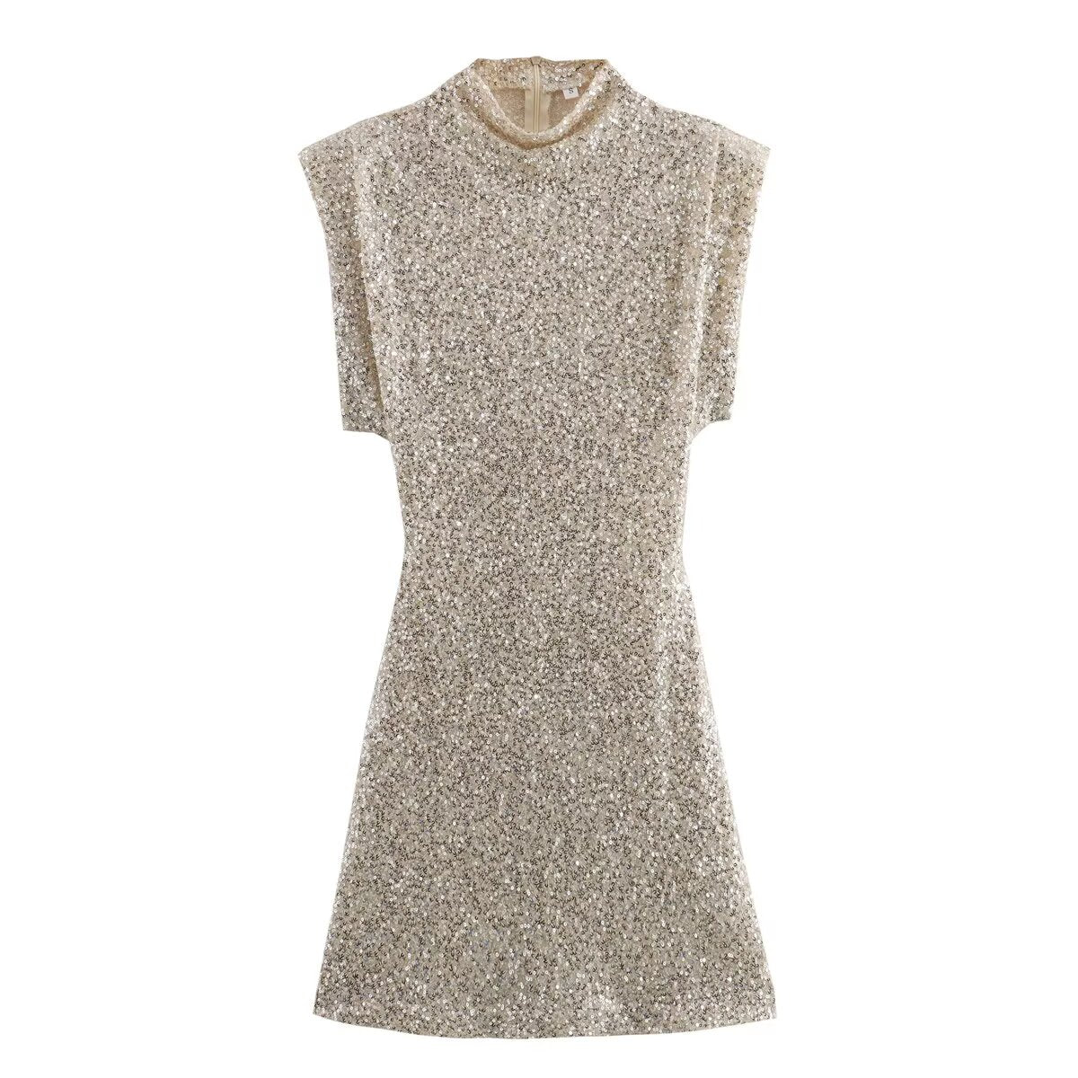 Summer Sweet Fresh Elegant Vacation Padded Shoulder Sequ Dress SHE