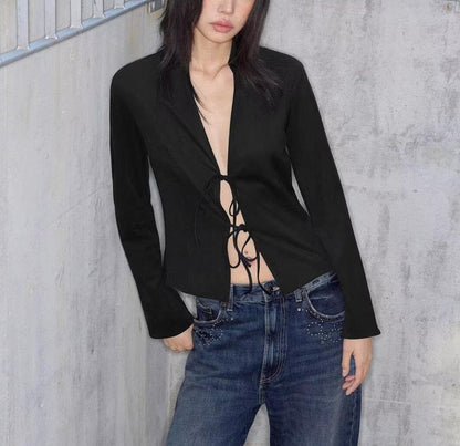 Camisa de manga larga con cordones y efecto ante elegante y a la moda para mujer