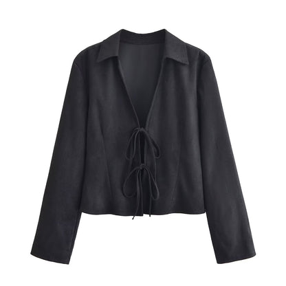 Camisa de manga larga con cordones y efecto ante elegante y a la moda para mujer