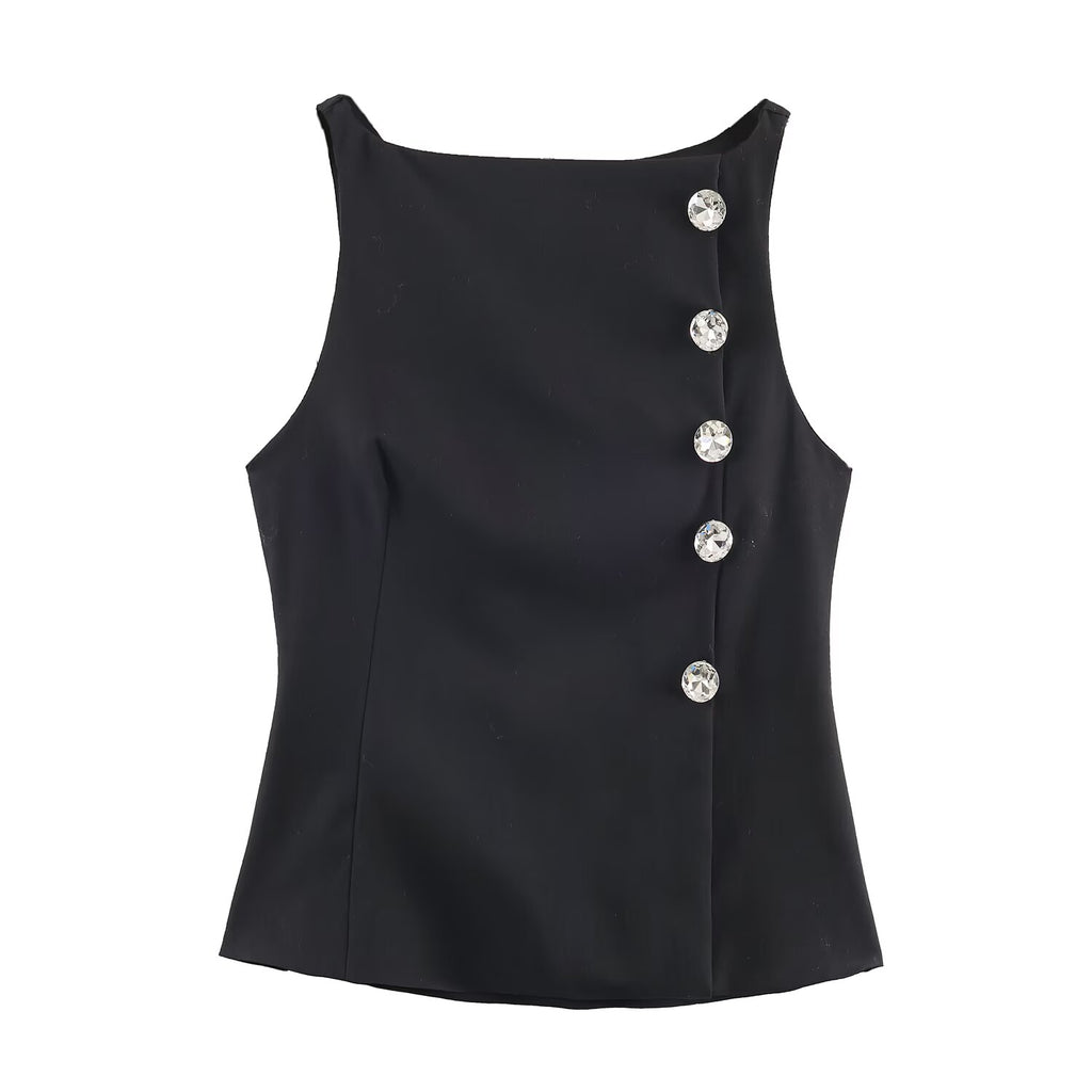 Women Metal Zipper Boat Neck Sleeveless Button Decoration Top SenDa