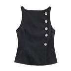 Women Metal Zipper Boat Neck Sleeveless Button Decoration Top SenDa