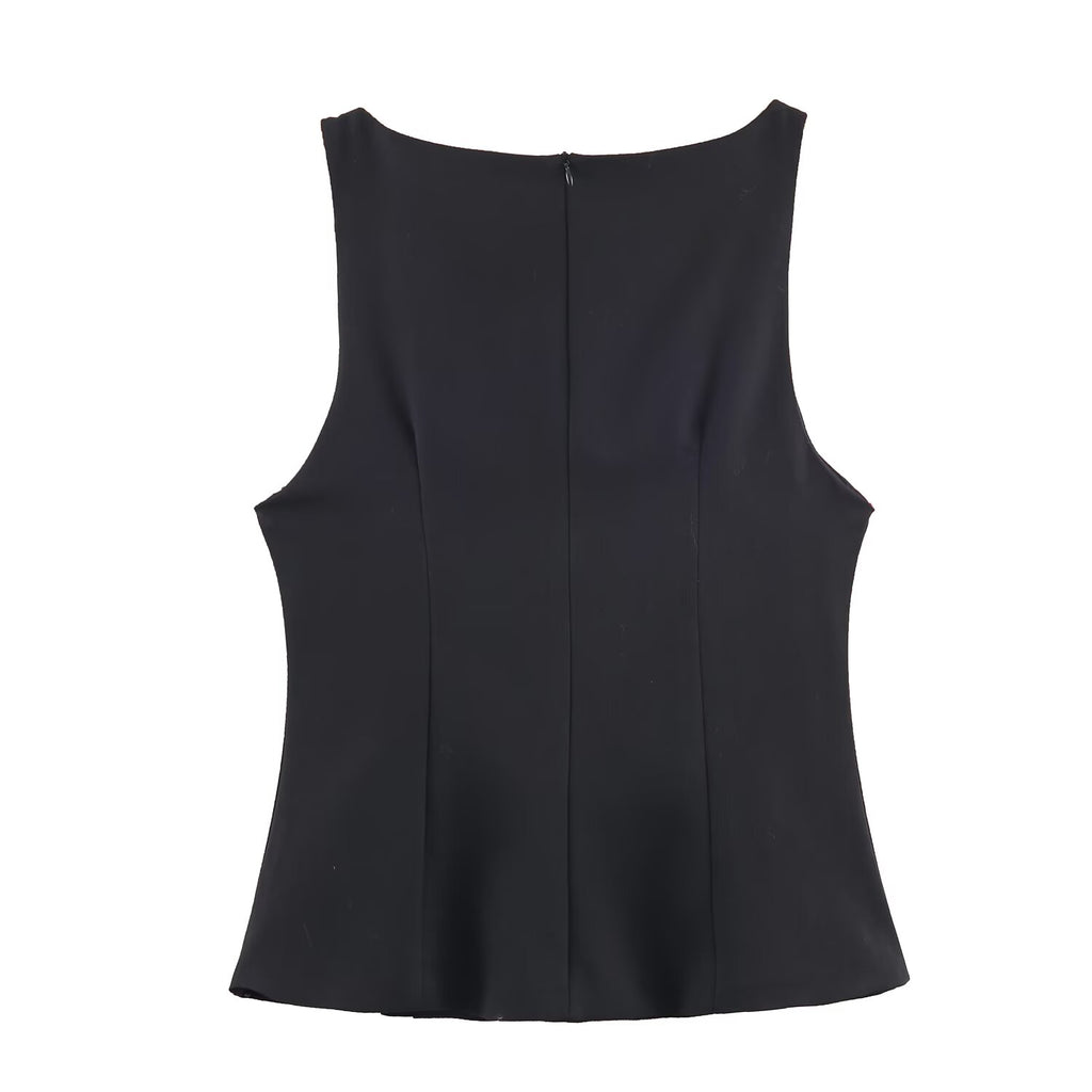 Women Metal Zipper Boat Neck Sleeveless Button Decoration Top SenDa