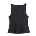 Women Metal Zipper Boat Neck Sleeveless Button Decoration Top SenDa