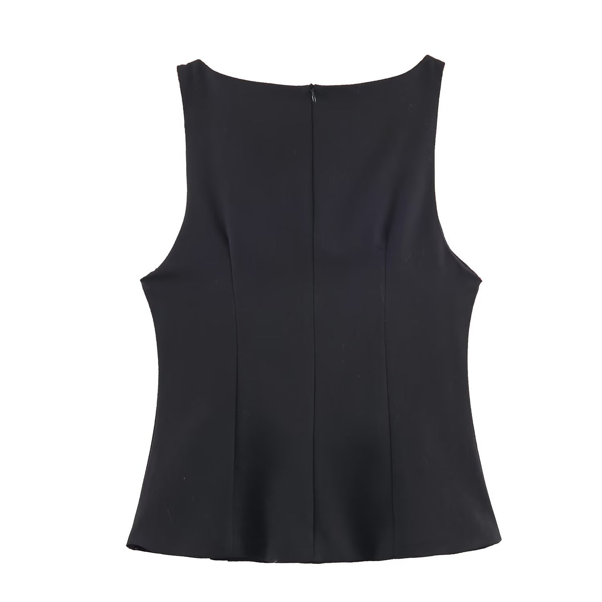 Women Metal Zipper Boat Neck Sleeveless Button Decoration Top SenDa