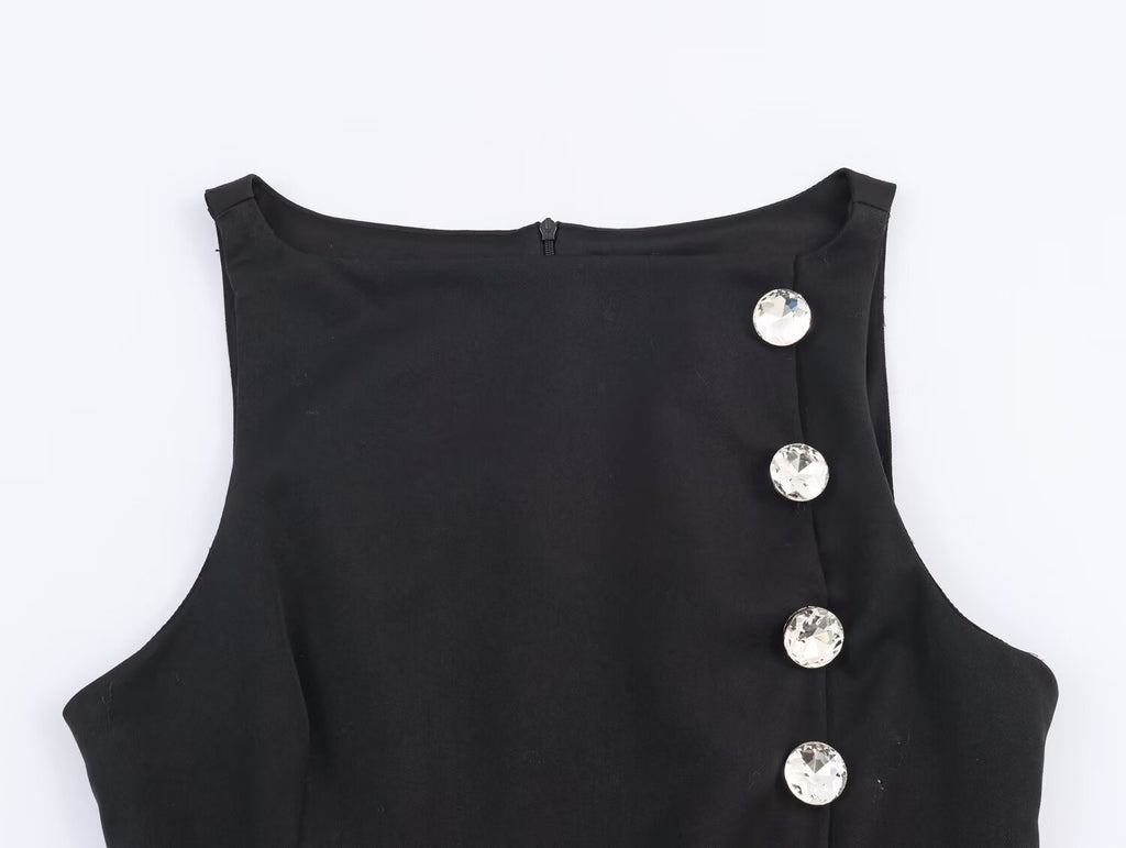 Women Metal Zipper Boat Neck Sleeveless Button Decoration Top SenDa