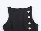Women Metal Zipper Boat Neck Sleeveless Button Decoration Top SenDa