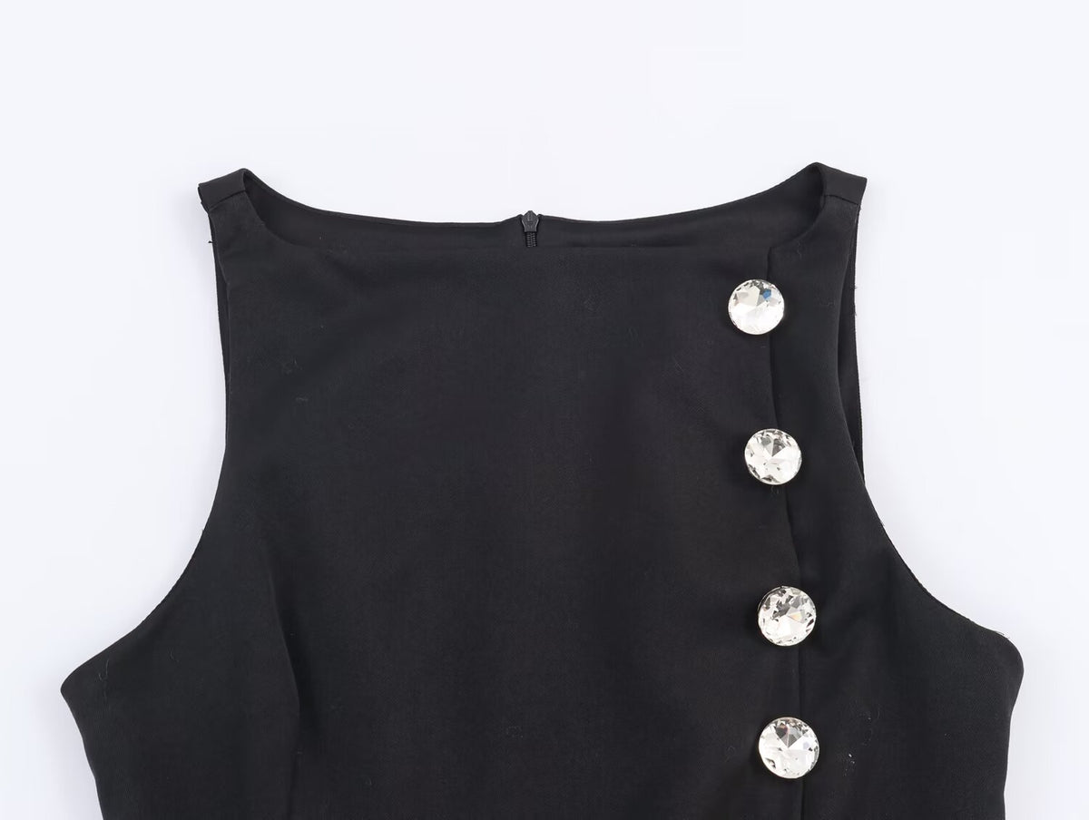 Women Metal Zipper Boat Neck Sleeveless Button Decoration Top SenDa