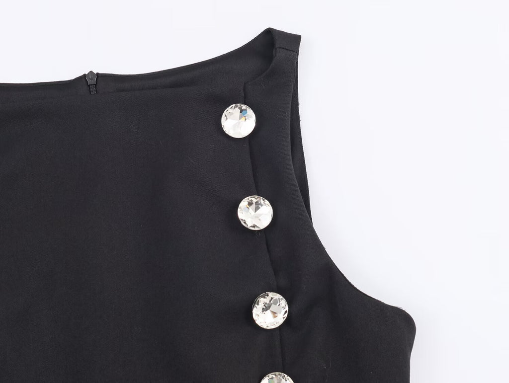 Women Metal Zipper Boat Neck Sleeveless Button Decoration Top SenDa