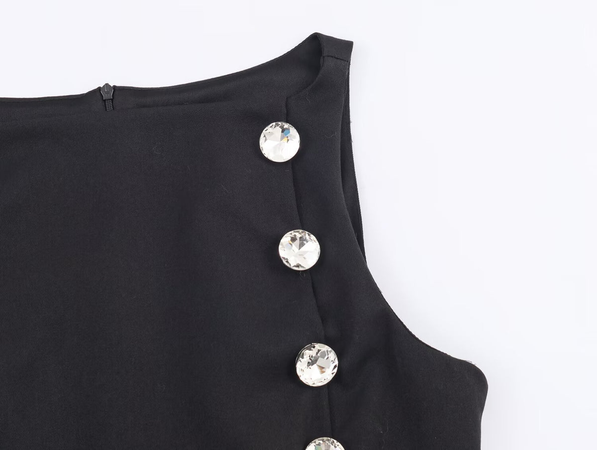 Women Metal Zipper Boat Neck Sleeveless Button Decoration Top SenDa