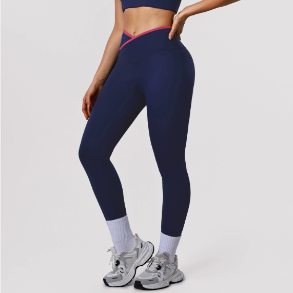 Nude Feel Skinny Hip Raise Yoga Pants Cross High Waist Contrast Color Tights Women Sports Running Workout Ankle Length Pants YiGlo