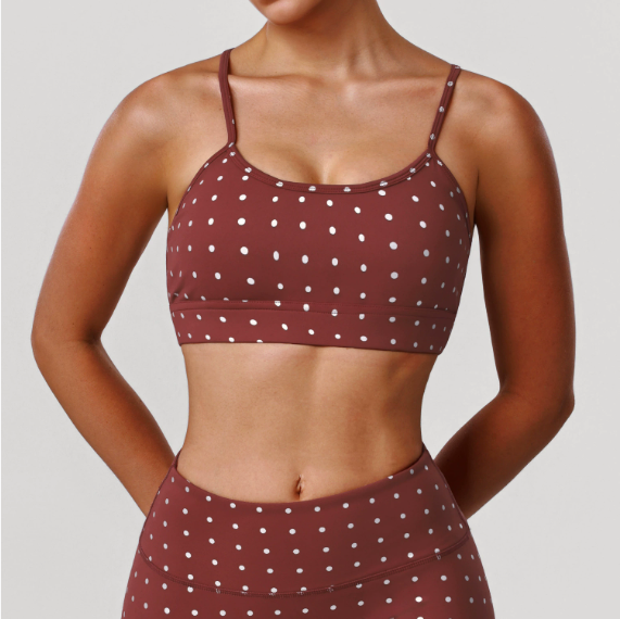 Gather Shockproof Silver Polka Dot Yoga Bra Spaghetti Strap High Elastic Sports Underwear Dance Workout Clothes YiGlo
