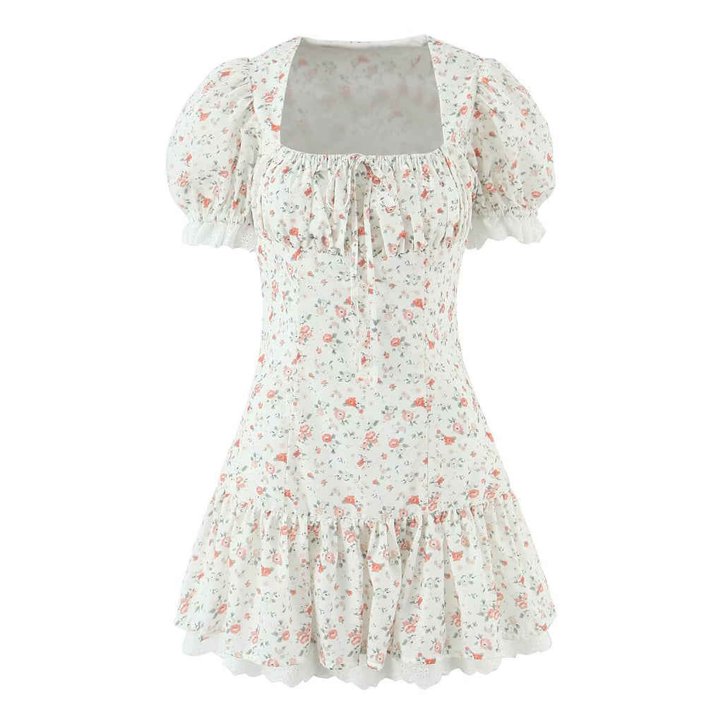 Autumn Gentle Sweet Floral Lace Stitching Printing Dress Tight Waist Puff Sleeve Super Fairy Princess Dress Aiostar