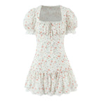 Autumn Gentle Sweet Floral Lace Stitching Printing Dress Tight Waist Puff Sleeve Super Fairy Princess Dress Aiostar