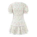Autumn Gentle Sweet Floral Lace Stitching Printing Dress Tight Waist Puff Sleeve Super Fairy Princess Dress Aiostar