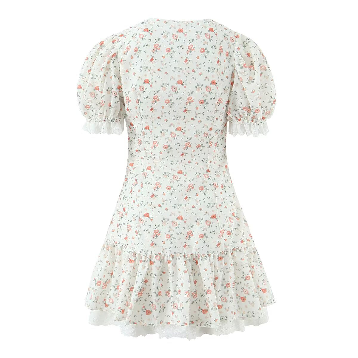 Autumn Gentle Sweet Floral Lace Stitching Printing Dress Tight Waist Puff Sleeve Super Fairy Princess Dress Aiostar