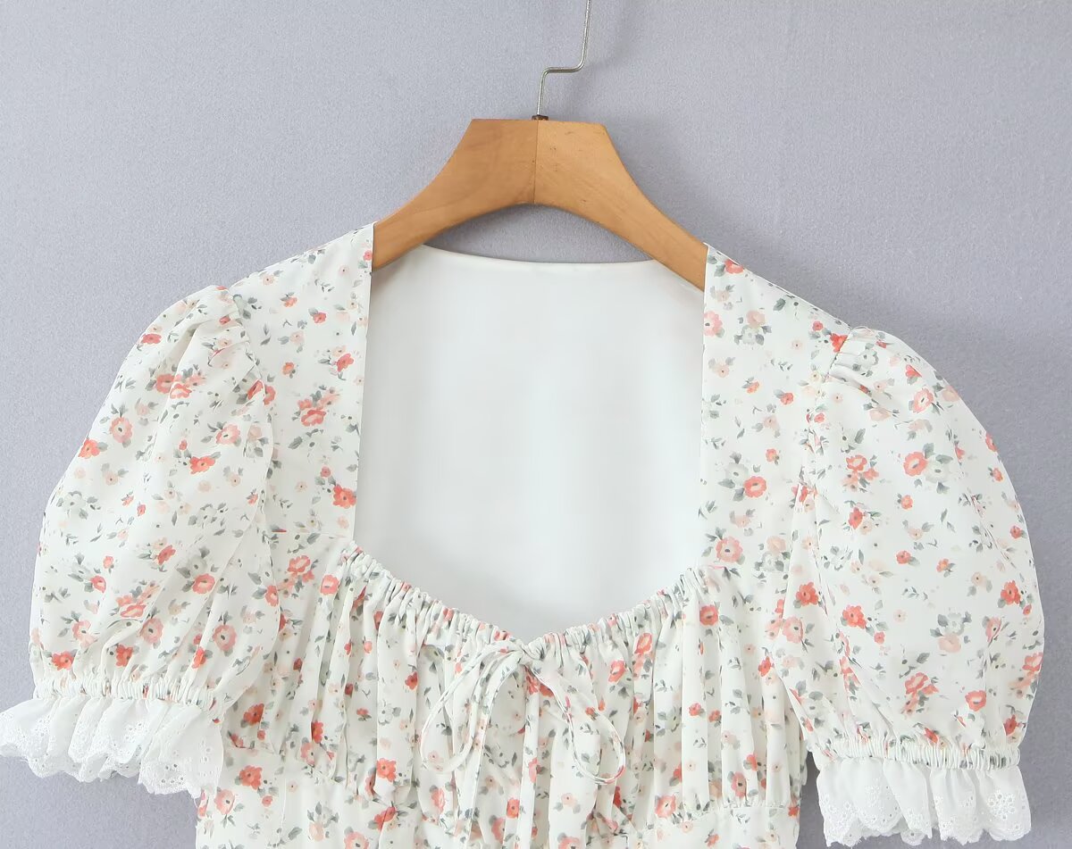 Autumn Gentle Sweet Floral Lace Stitching Printing Dress Tight Waist Puff Sleeve Super Fairy Princess Dress Aiostar