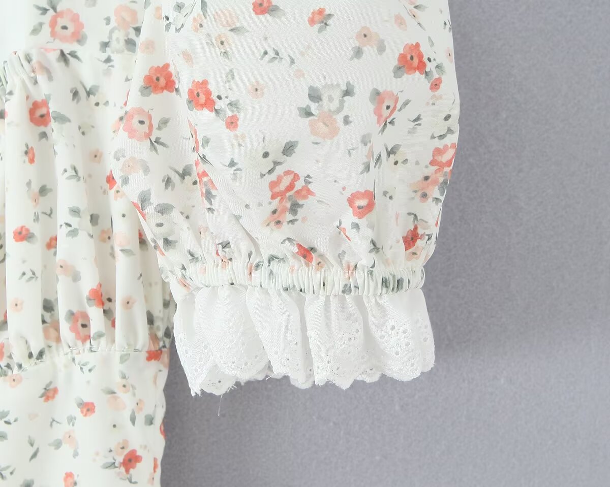 Autumn Gentle Sweet Floral Lace Stitching Printing Dress Tight Waist Puff Sleeve Super Fairy Princess Dress Aiostar